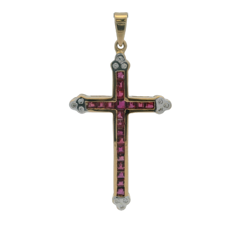 Solid 18kt Yellow Gold And Natural Ruby 1.6" Long Cross Pendant With Diamond Accents