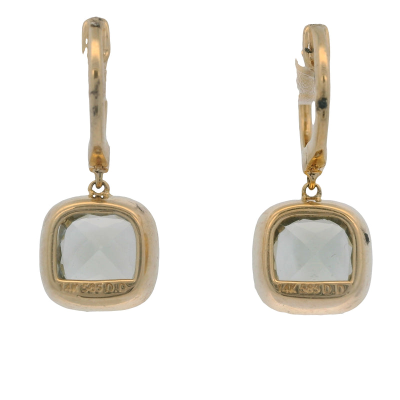 Solid 14kt Yellow Gold and Green Beryl Drop/Dangle Earrings With Diamond Halo/Accents