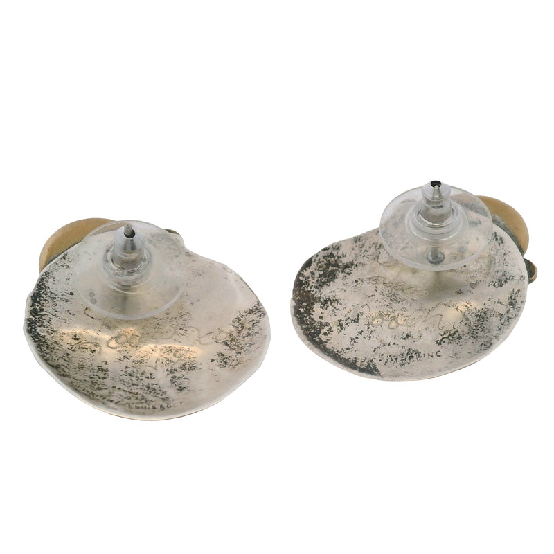 Louis Booth 925 Sterling Silver and Brass 28mm Earrings with Sodalite and Green Onyx Cabochons