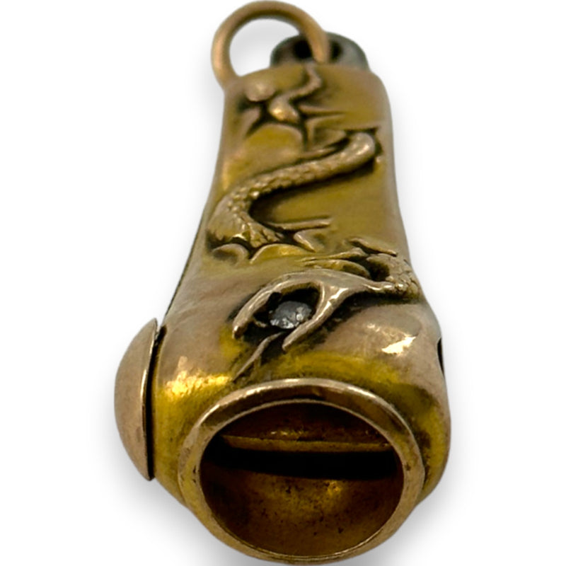 Antique Late Victorian 10kt Yellow Gold Pocket Watch Chain Fob Cigar Cutter Snake Detail with Paste Glass Charm Pendant