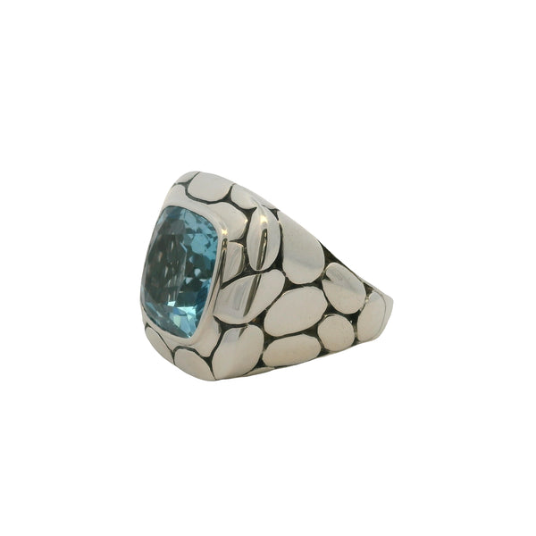 John Hardy 925 Sterling Silver Blue Topaz Batu Kali Pebble Square Cocktail Ring Size 9.5
