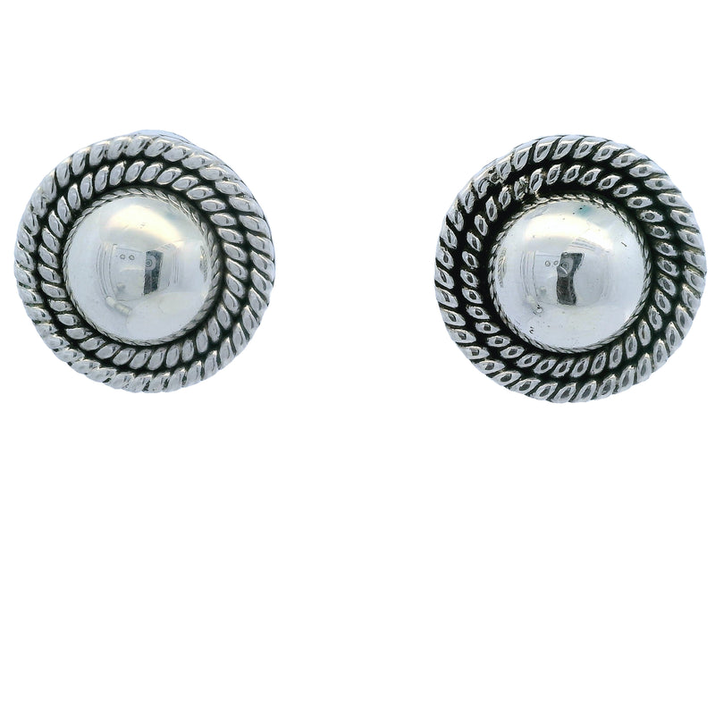 Mexican 925 Sterling Silver Taxco Round Button Rope 22.5mm Stud Earrings