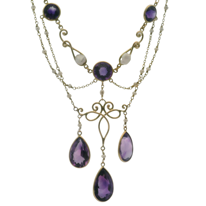 Antique Early 1900s Art Nouveau 14kt Yellow Gold Amethyst and Pearl 14.5" Festoon Necklace