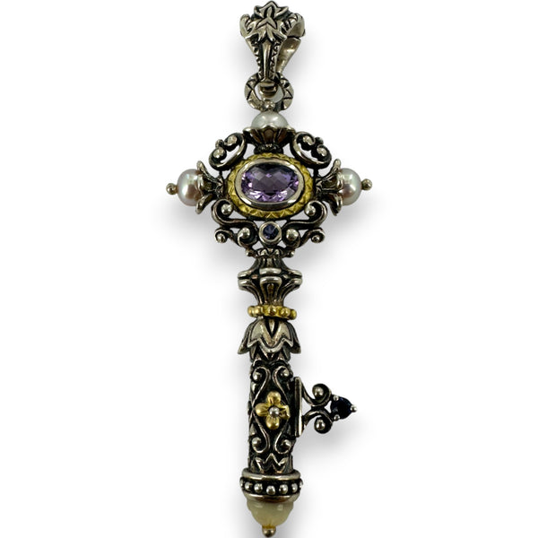 Barbara Bixby 925 Sterling Silver and 18kt Yellow Gold Key Enhancer Pendant with Amethyst, Iolite, and Pearls
