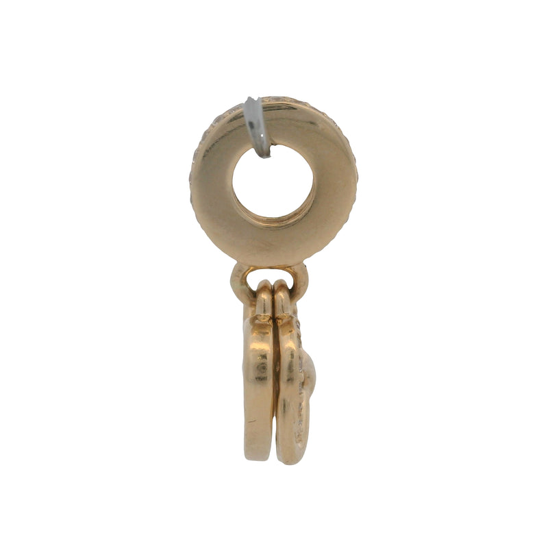 Charm colgante Pandora de oro amarillo macizo de 14 kt con circonitas cúbicas y esmalte con forma de corazón infinito.