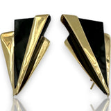 Vintage Solid 14kt Yellow Gold and Onyx 1.3" Long Abstract Triangle Stud Earrings