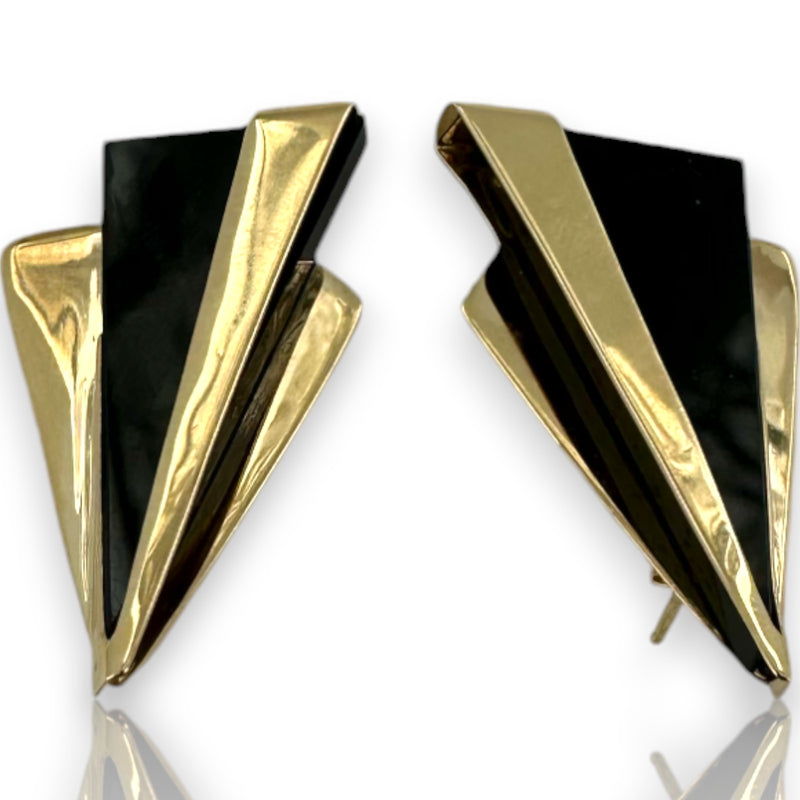 Vintage Solid 14kt Yellow Gold and Onyx 1.3" Long Abstract Triangle Stud Earrings