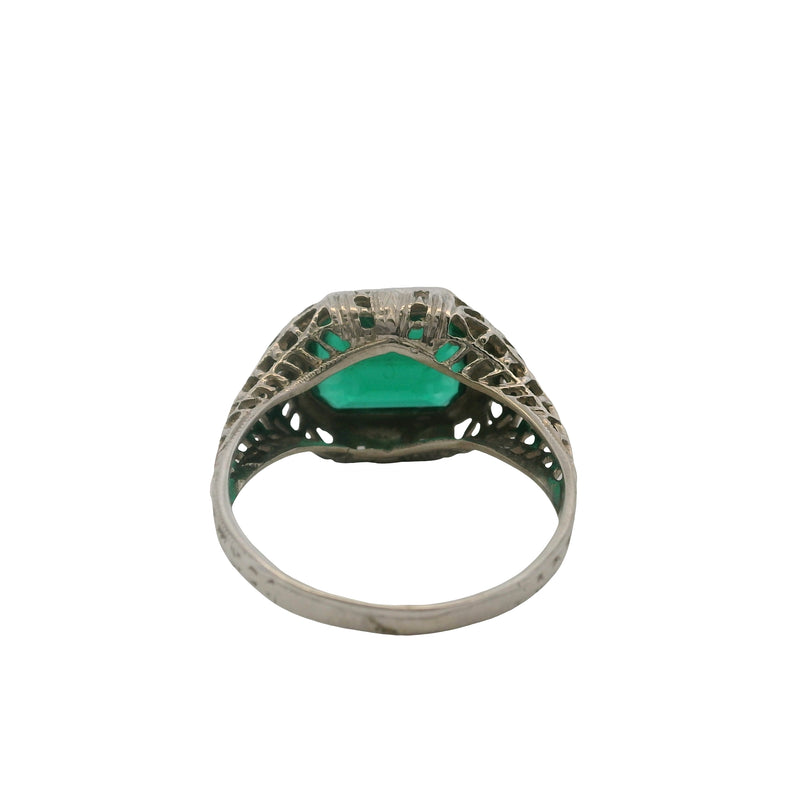 Antique 1920s Art Deco 14kt White Gold and Green Glass Filigree Cocktail Ring Size 6