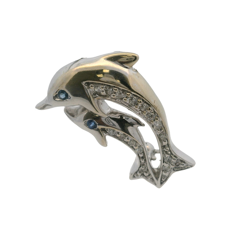 14kt White Gold and Diamond Double Dolphin Pin Brooch with Diamonds and Sapphire Eyes