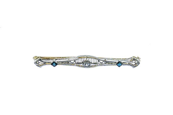 Antique 1920s Art Deco Diamond & Sapphire Filigree 2.5" Solid 14K 585 White & Yellow Gold Brooch