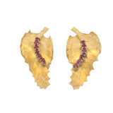 Vintage 1950s Italian Solid 18kt Yellow Gold and Lab Ruby Leaf Clip Earrings