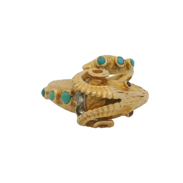 Vintage Solid 18kt Yellow Gold Ram's Head Ring with Turquoise, 3 Diamonds, and Ruby Eyes Size 8