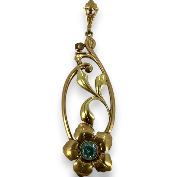 Vintage 1930-50s 10kt Yellow Gold Long Floral Pendant with Blue Glass Stone