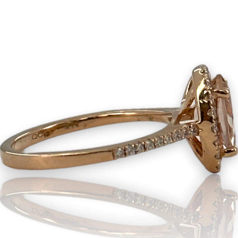 QCD Quality Color Design 14kt Solid Rose Gold and Morganite Ring with Accent Diamond Halo Engagement Size 7