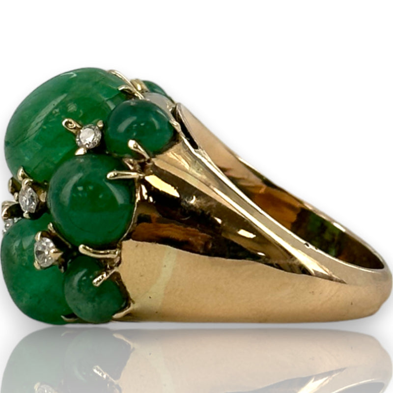 Vintage 1950-70s Large Cabochon Vivid Green Emerald Cluster Cocktail Ring Solid 13k Yellow Gold with Diamond Accents Size 8