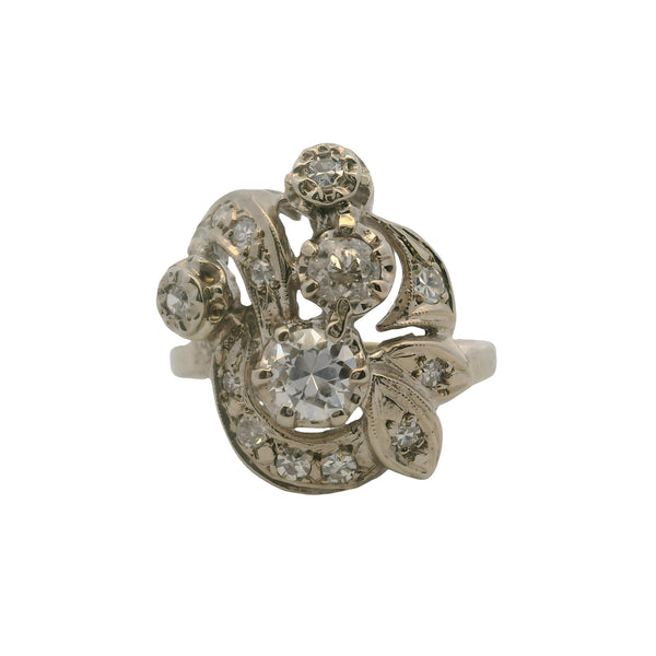 Vintage 1940-50s 14k White Gold and Diamond Retro Abstract 19mm Wide Cocktail Ring Size 7