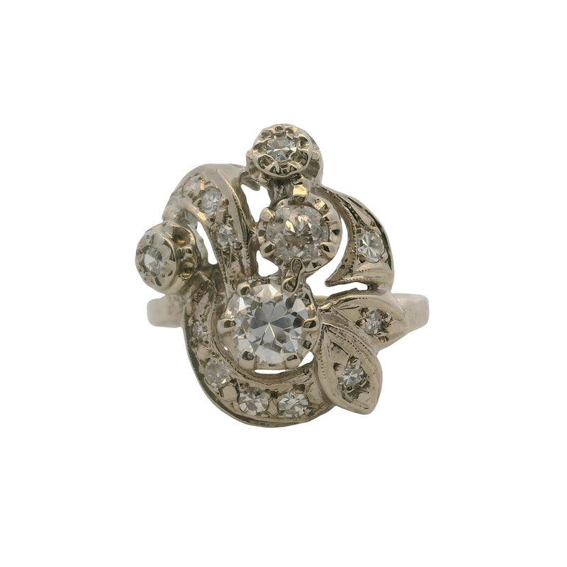 Vintage 1940-50s 14k White Gold and Diamond Retro Abstract 19mm Wide Cocktail Ring Size 7