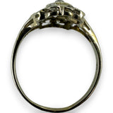 1920s Art Deco Era Solid 18kt 23.5mm Long Antique Cut Diamond Dinner Ring with 2 Heart Settings and Emerald Accents Size 10