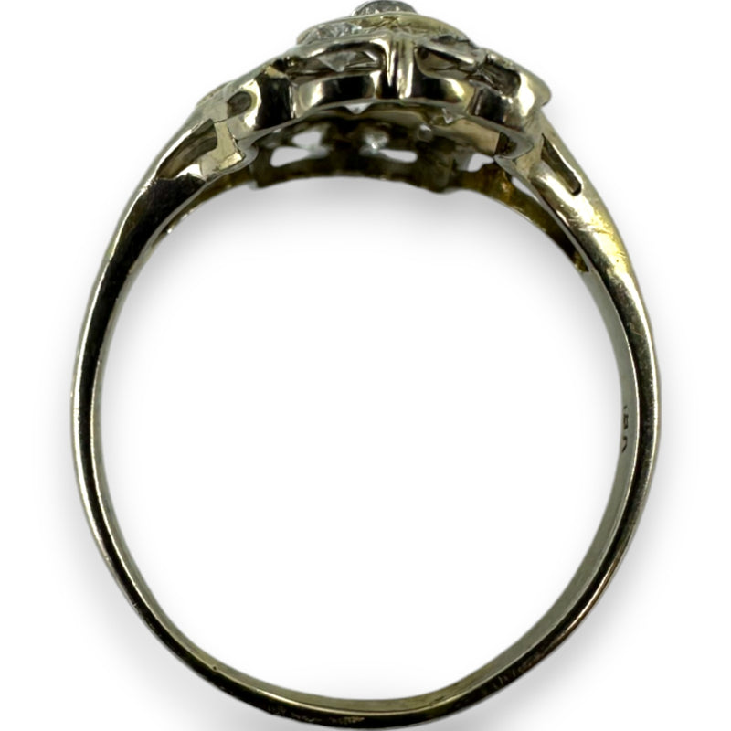 1920s Art Deco Era Solid 18kt 23.5mm Long Antique Cut Diamond Dinner Ring with 2 Heart Settings and Emerald Accents Size 10