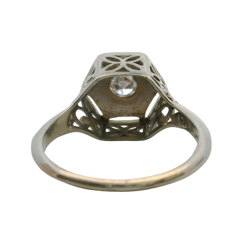 Vintage 1920-30s 14kt White Gold Filigree Hexagon Old European Cut Diamond Solitaire Ring Size 6.25
