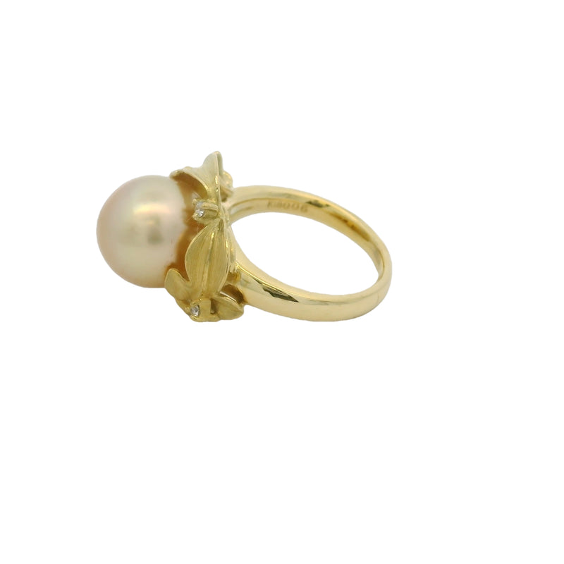 c1960-80s 18kt Yellow Gold 11.6mm South Sea Golden Pearl and Diamonds Leaf Motif Cocktail Ring Size 6