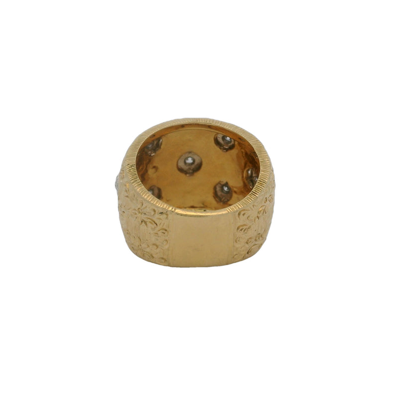 Solid 14kt Yellow and White Gold 19mm Wide Floral Engraved Cocktail Ring with 7 Diamonds Size 7