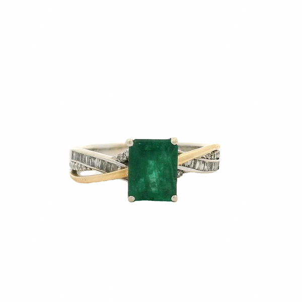 EFFY Solid 14kt White and Yellow Gold Emerald Cocktail Twist Ring with Round and Baguette Diamond Sides