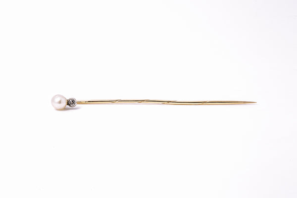 Antique Natural Pearl & Diamond Lapel Pin 14K 585 Yellow & White Gold Brooch