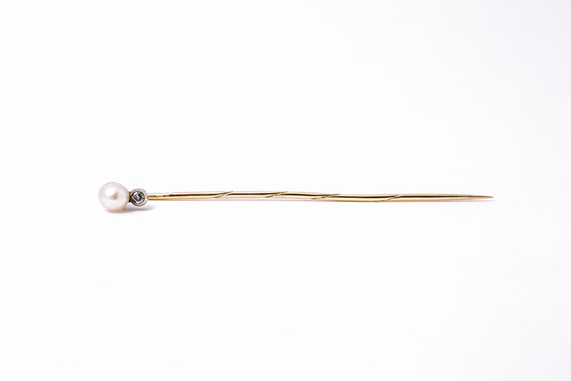 Antique Natural Pearl & Diamond Lapel Pin 14K 585 Yellow & White Gold Brooch