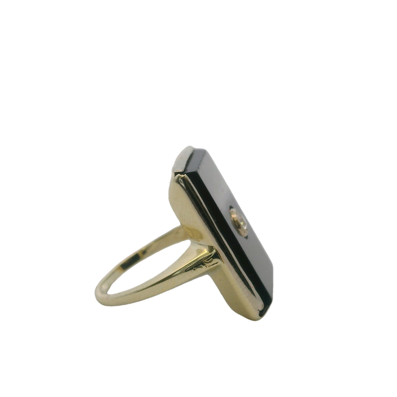Antique 1900-1910s 14kt Yellow Gold Onyx Shield Ring with Old Mine Diamond Size 3.75