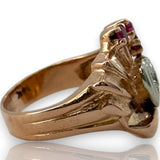 Vintage Retro 1940s Solid 14kt Rose Gold Cocktail Ring with Heart-Set Diamond and Accent Rubies Size 5.25