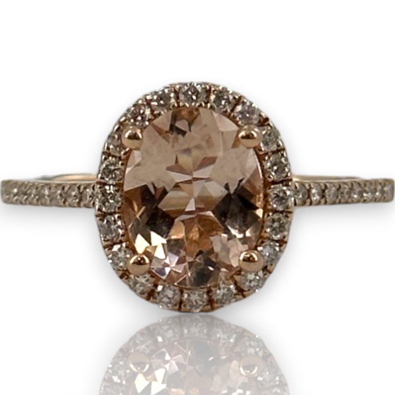 QCD Quality Color Design 14kt Solid Rose Gold and Morganite Ring with Accent Diamond Halo Engagement Size 7