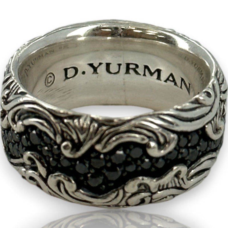 David Yurman DY Waves Collection 925 Sterling Silver Men's Ring with 0.97ctw Pave Black Diamonds Wedding Engagement 9.6mm Band Size 7