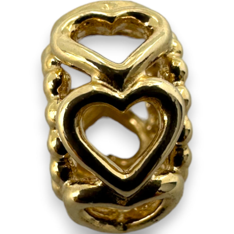 Charm separador "Suerte en el Amor" de oro macizo de 14 kt retirado de Pandora con corazones calados y detalles granulados (ALE 585)