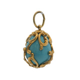 Vintage Solid 14kt Yellow Gold and Turquoise Decorated Scroll Egg Necklace Pendant
