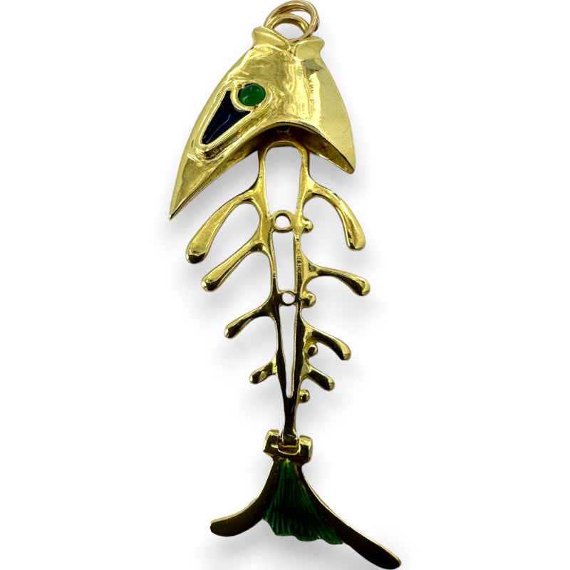 Vintage 1980s Solid 18kt Gold and Enamel Italian Bone Fish Skeleton Pendant with Chrysoprase Eyes Charm