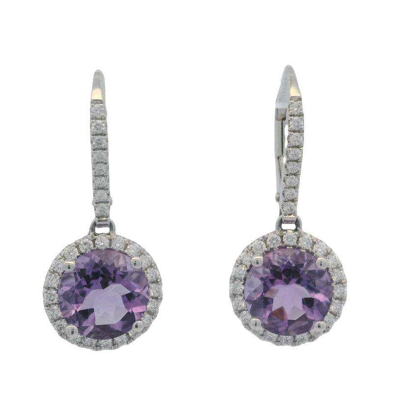 SNJ Jewelry Solid 14kt White Gold and Amethyst Drop Earrings with Diamond Halos and Accents