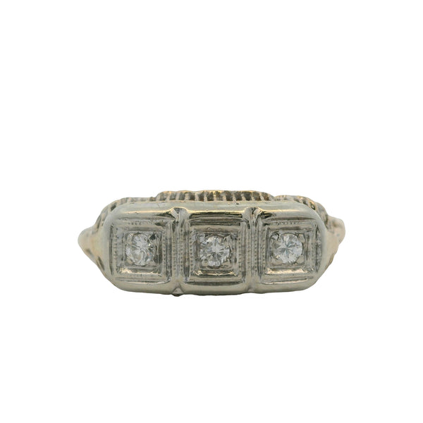 Antique 1920s Deco 14k White and Yellow Gold Filigree 3-Stone Diamond Ring Size 8