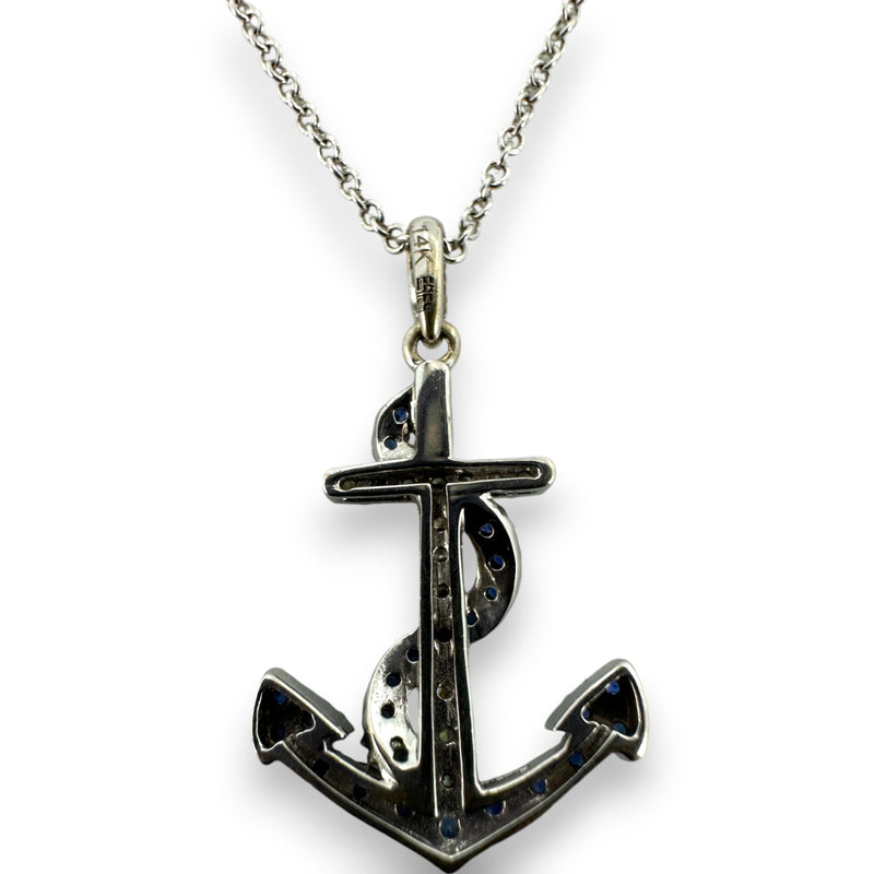 EFFY Solid 14K White Gold Sapphire & Diamond Cross & Anchor Pendant Necklace with Adjustable 16-18" Chain