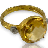 I. Reiss Solid 14k Yellow Textured Gold Checkerboard Cut Citrine and Diamond Accent Cocktail Ring Size 7.5
