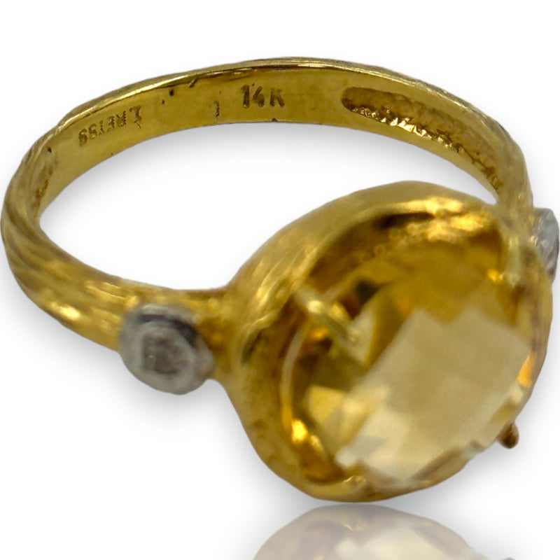 I. Reiss Solid 14k Yellow Textured Gold Checkerboard Cut Citrine and Diamond Accent Cocktail Ring Size 7.5