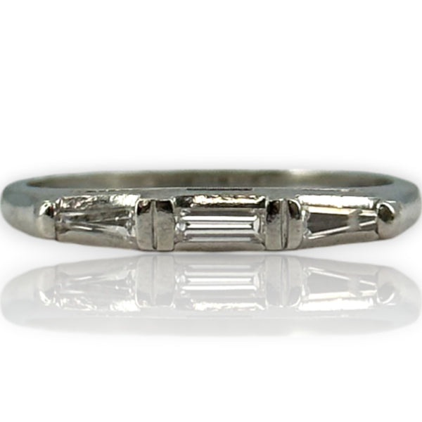 Antique Art Deco Solid 900 Platinum and Baguette Diamond Wedding Band Stackable Ring