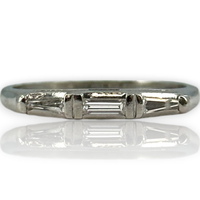 Antique Art Deco Solid 900 Platinum and Baguette Diamond Wedding Band Stackable Ring