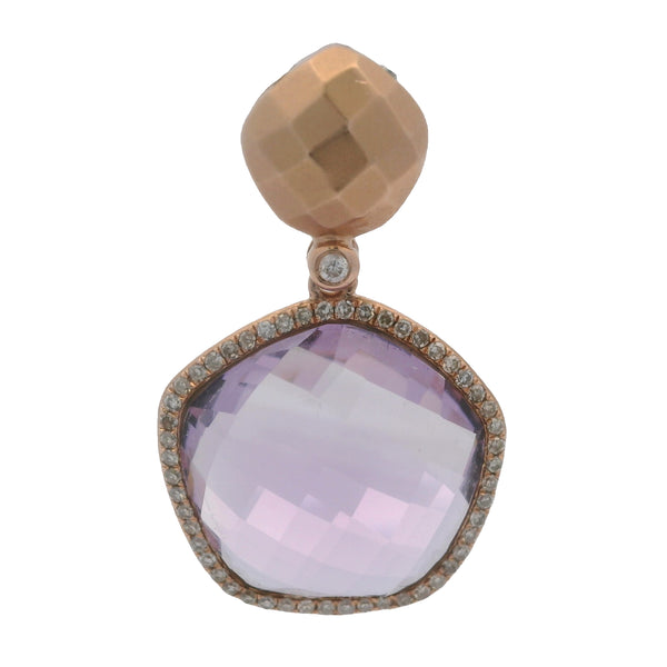 Solid 14kt Rose Gold, Amethyst, and Diamond Abstract Pentagon Necklace Pendant