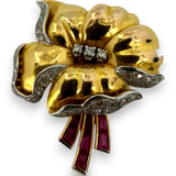 Vintage Retro Era 1930s-1940s Fur Clip Brooch Solid 18k Heavy Yellow Gold with Old Mine and Rose Cut Diamonds and Synthetic Accent Rubies