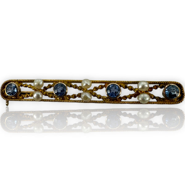 Krementz Signed Antique 1900-1930s 14kt Yellow Gold Sapphire and Seed Pearl Bar Pin