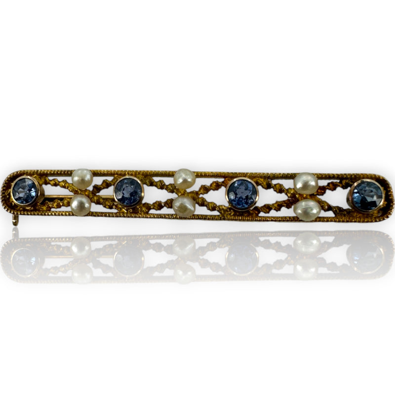 Krementz Signed Antique 1900-1930s 14kt Yellow Gold Sapphire and Seed Pearl Bar Pin