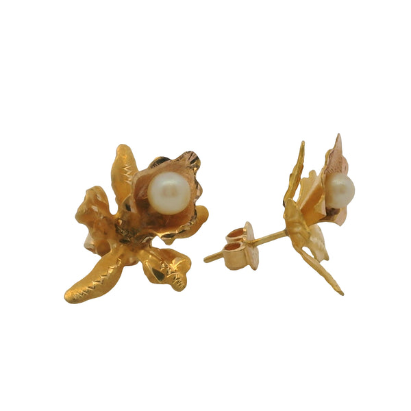 Vintage 18kt Yellow 3D Gold and Pearl Orchid Flower Stud Earrings