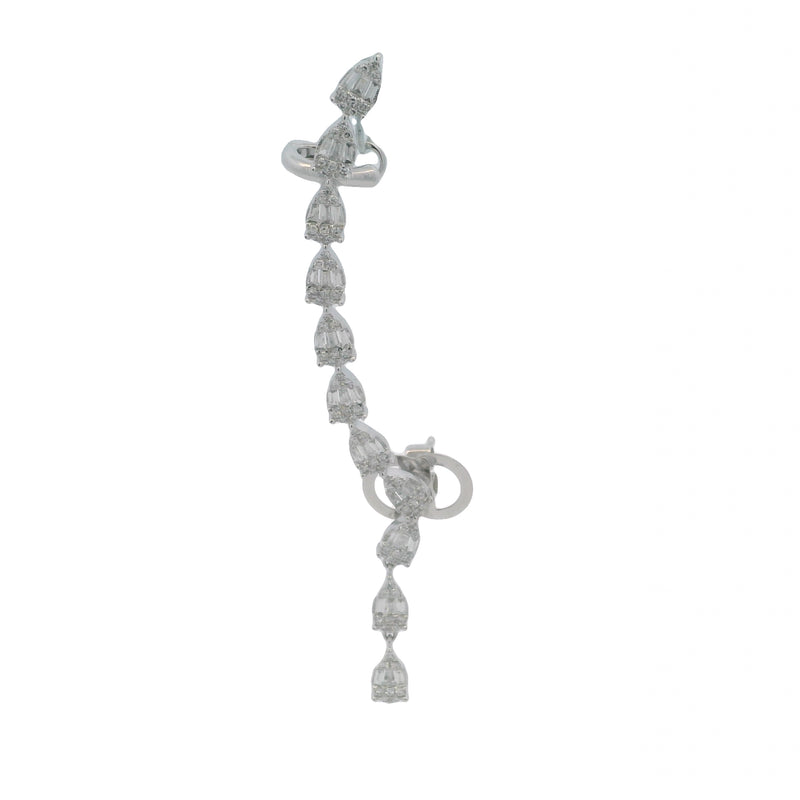 Solid 14kt White Gold and Baguette and Round Diamond Climber Single Dangle Earring with Cuff