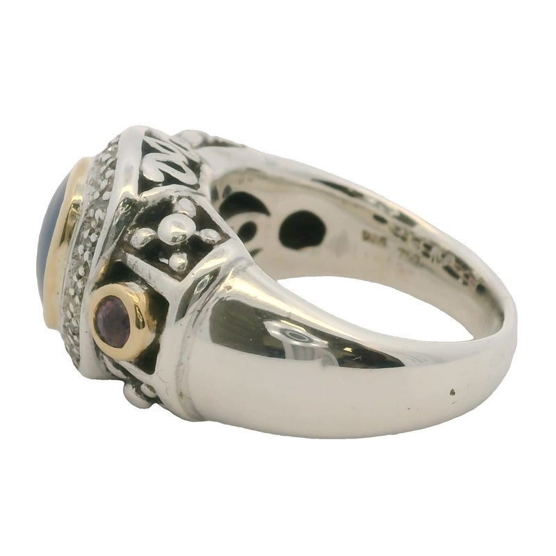 Anillo de cóctel de plata de ley 925 y oro amarillo de 18 kt con halo de calcedonia, rubí y diamantes, talla 8